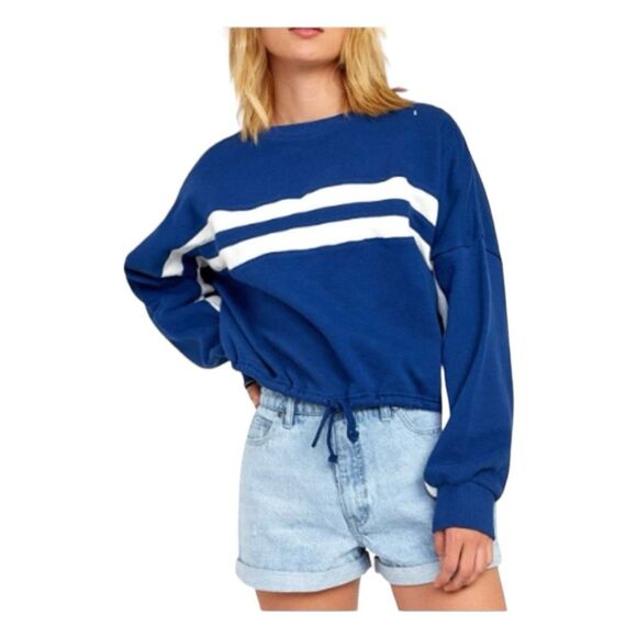 RVCA Aced Striped Sweatshirt Blue White Fleece Cropped Long Sleeve Crewneck - Picture 1 of 6